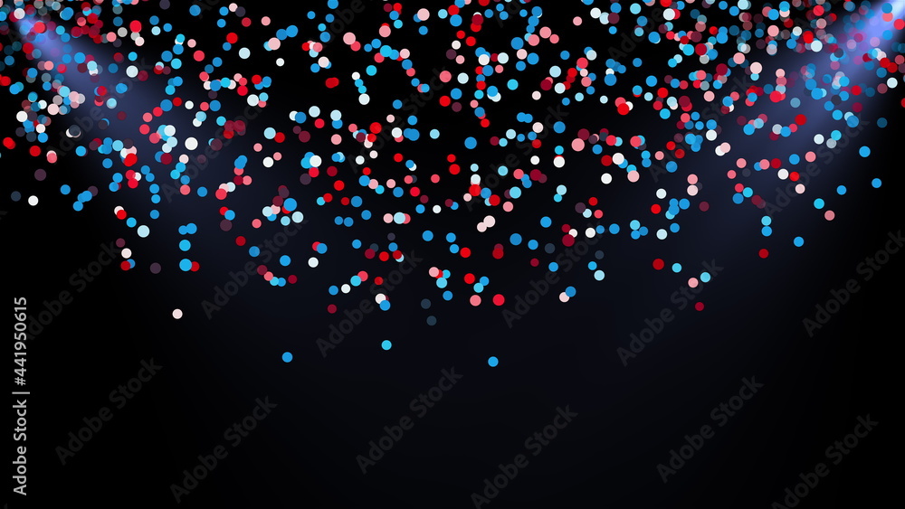 Poster flying colored round particles in the rays of light, computer generated. 3d render of festive backdr