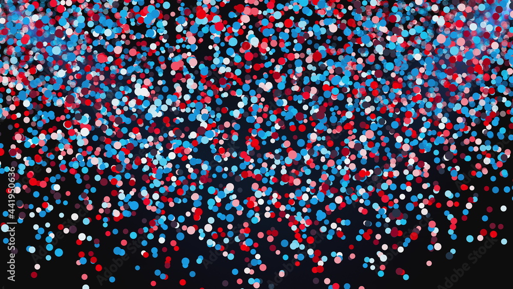 Poster flying colored round particles in the rays of light, computer generated. 3d render of festive backdr