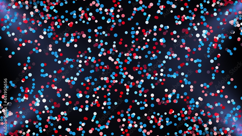 Poster flying colored round particles in the rays of light, computer generated. 3d render of festive backdr