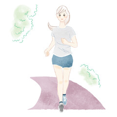 ジョギングをしている若い女性の全身イラスト