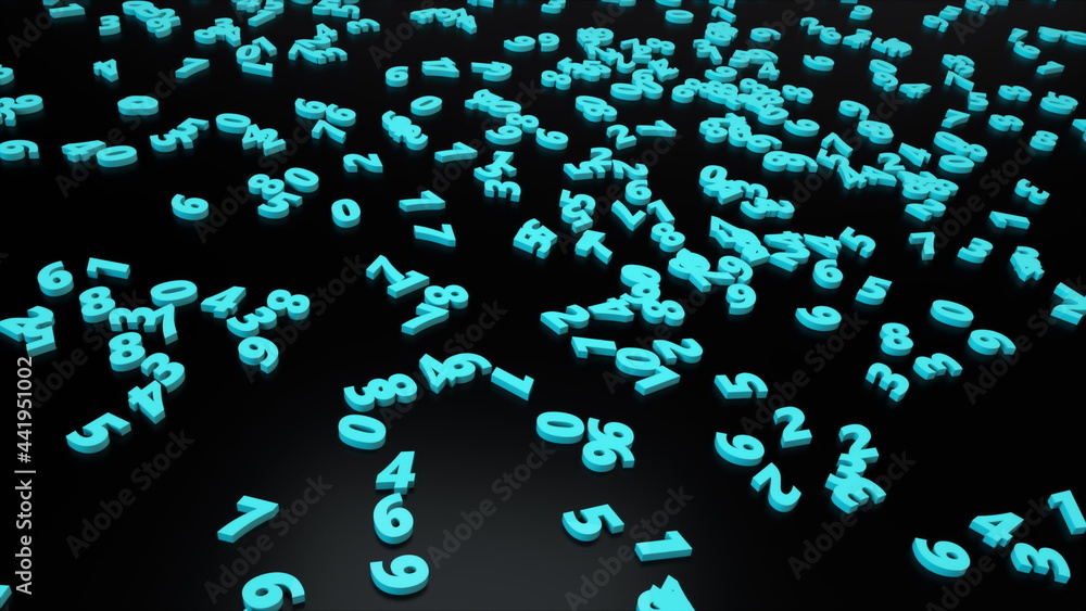 Poster randomly scattered numbers on a flat surface, computer generated. 3d rendering of abstract backdrop