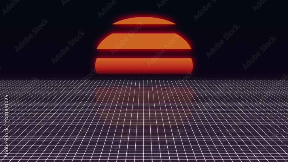 Poster futuristic neon landscape of the 80 s. computer generated futuristic sun in retro style. digital ret