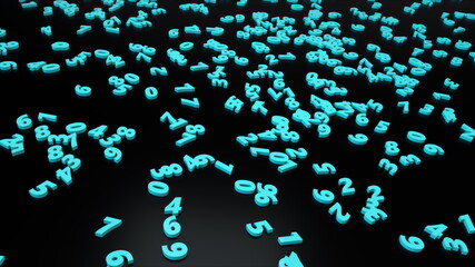Randomly scattered numbers on a flat surface, computer generated. 3d rendering of abstract backdrop