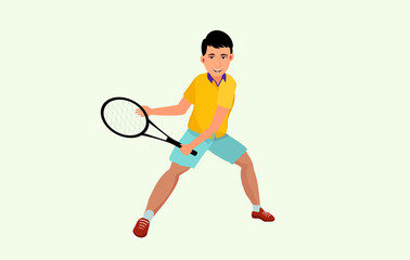 Tennis player boy ready for game, cartoon vector 