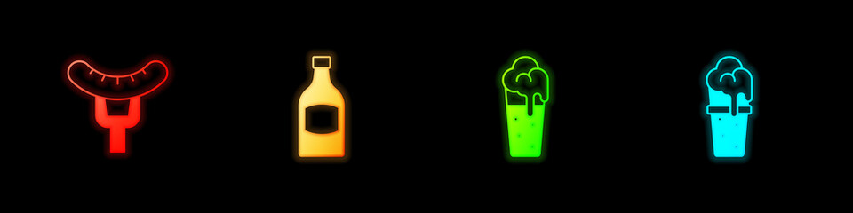 Set Sausage on the fork, Beer bottle, Glass of beer and icon. Vector