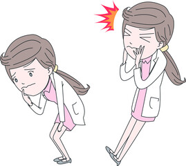 울상으로 들여다보다가 찡그리며 놀라는 여자 의사 or 간호사 삽화

