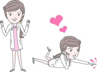 엎드려 손가락으로 가리키며 설명하는 여자 의사 or 간호사 삽화
