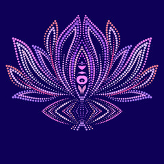Colorful lotus - a symbol of life and beauty. Bright colorful dot pattern. Vector object isolated on black background.
