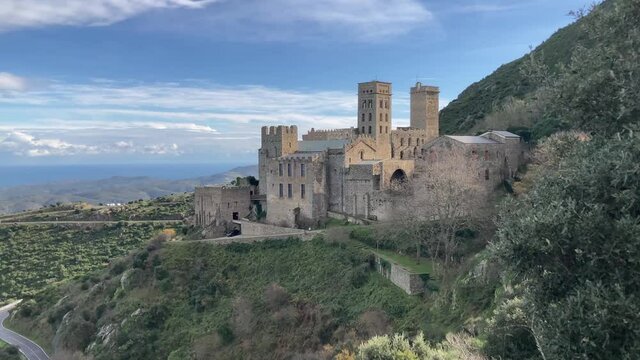 The Romanesque abbey of Sant Pere De Rodes in Cap De Creus Natural Park. It is a former Benedictine monastery in Alt Emporda, Catalonia, Spain. 4K UHD
