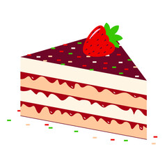 Vector graphics - a large piece of cake-a layer of souffle and jam with chocolate icing and fresh strawberries on top isolated close-up on a white background