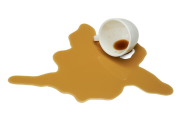 Overturned cup and spilled coffee on white background