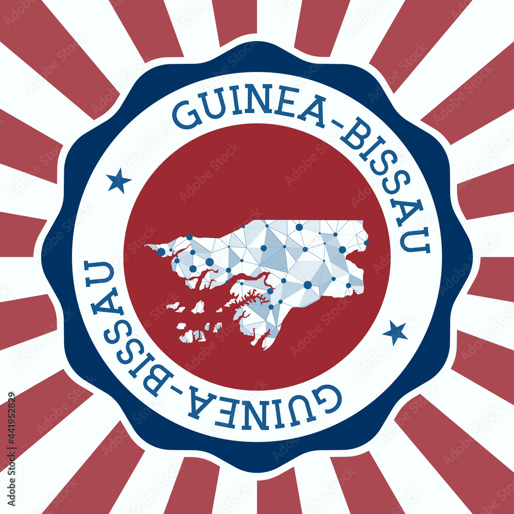 Poster guinea-bissau badge. round logo of the country with a triangular mesh map and radial rays. eps10 vec