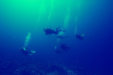 Fototapeta na wymiar group of divers in muddy poorly clear water, dangerous diving