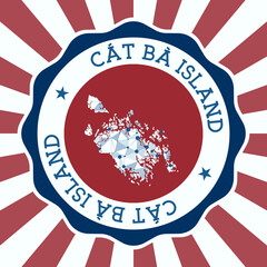 Cat Ba Island Badge. Round logo of island with triangular mesh map and radial rays. EPS10 Vector.