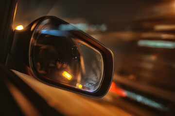night trip on car background, abstract blurred rear view mirror urban road