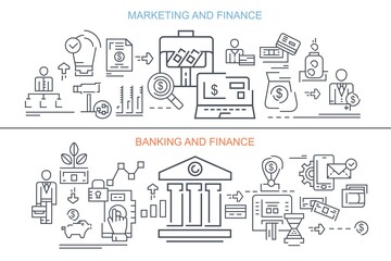 Marketing and finance. Banking and finance. Set of two linear banners. Vector illustration.