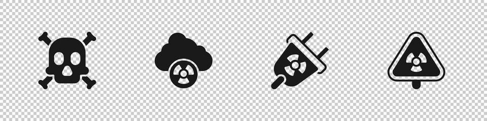 Set Bones and skull warning, Acid rain radioactive cloud, Radiation electrical plug and Triangle with radiation icon. Vector