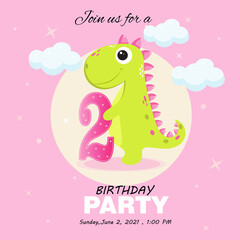 Cute baby girl dinosaur. Birthday invitation.