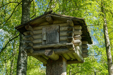 Small tree house made of logs in the forest