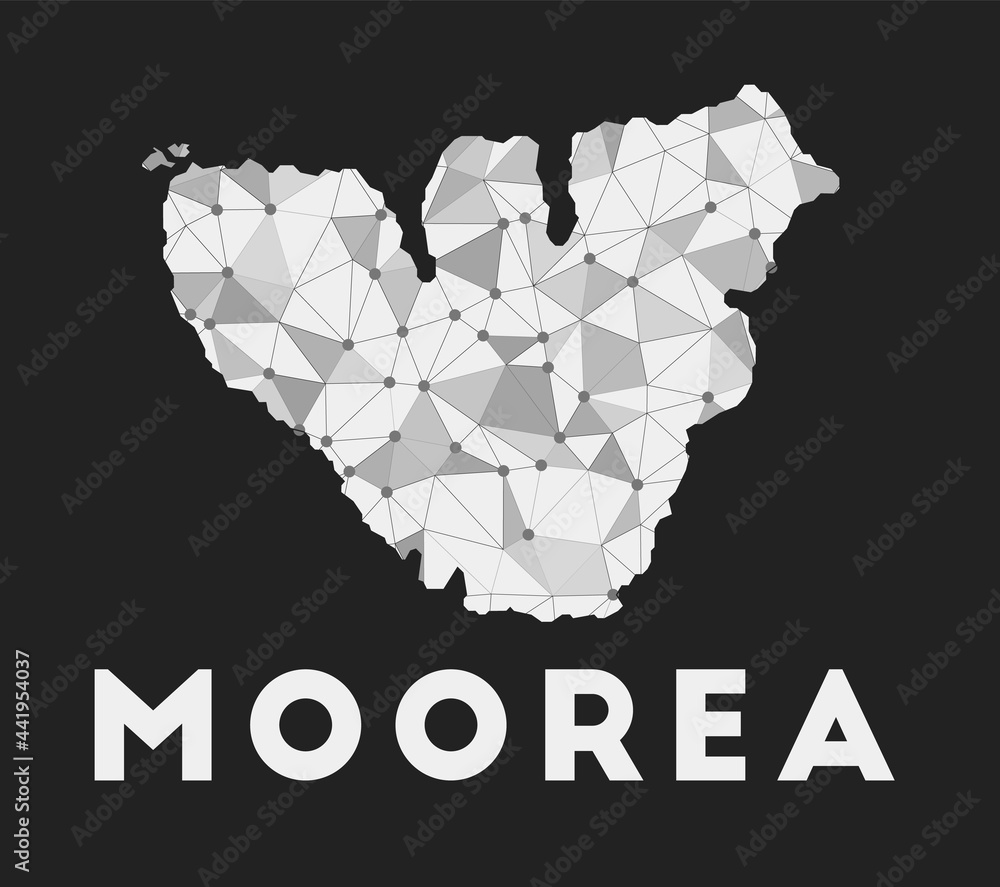 Poster moorea - communication network map of the island. trendy geometric design on a dark background. tech