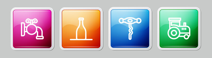 Set line Tap for a barrel, Bottle of wine, Wine corkscrew and Tractor. Colorful square button. Vector