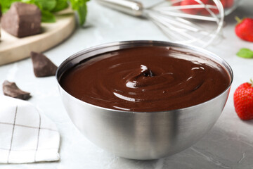 Delicious chocolate cream on grey marble table