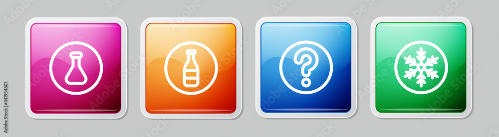 Poster set line test tube and flask, bottle, unknown search and snowflake. colorful square button. vector