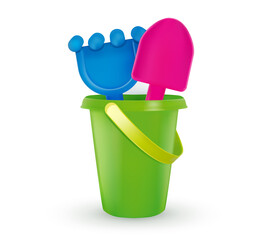 Sandbox toys. Baby bucket, rake, scapula. Set of buckets and dustpan. For playing in the sandbox for children. Colorful children toys isolated on white background. © LuxMockup