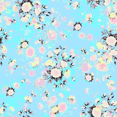 Abstract floral seamless pattern drawn on paper with paints vintage roses