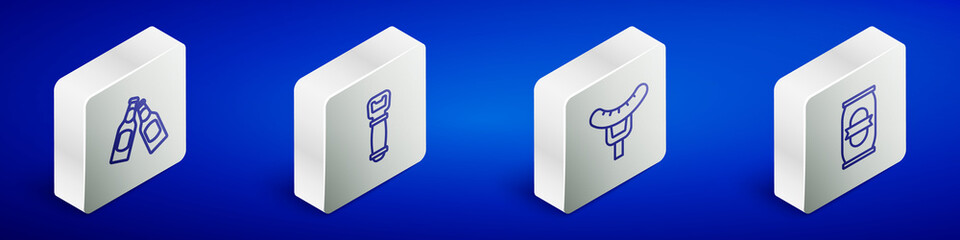 Set Isometric line Beer bottle, Bottle opener, Sausage on the fork and can icon. Vector