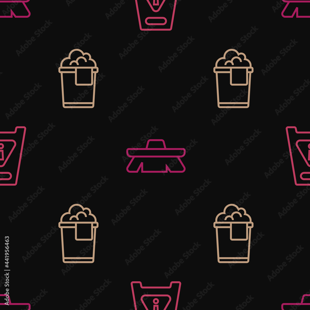 Poster set line wet floor, bucket with foam and brush for cleaning on seamless pattern. vector