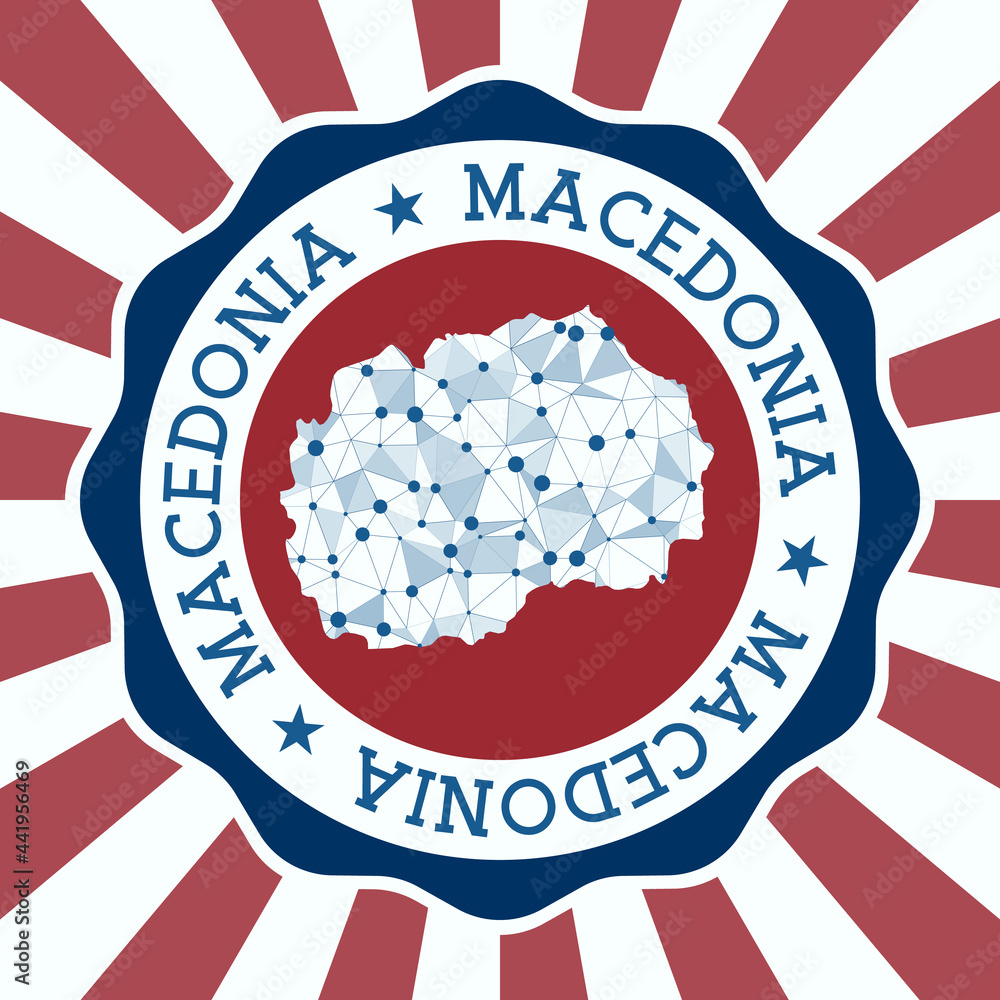 Poster macedonia badge. round logo of country with triangular mesh map and radial rays. eps10 vector.
