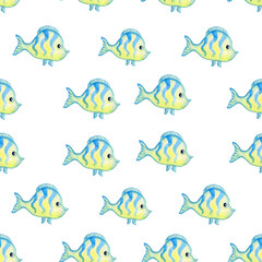Naklejka premium Watercolor tropical fish yellow and blue on a white background seamless pattern