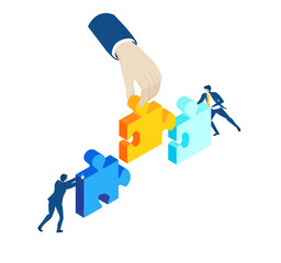 Business people working with puzzles, solving problems, find solution and unique approach. Business concept illustration  
