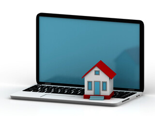 Small house on laptop keyboard. Real estate agency online. Concept. 3d illustration