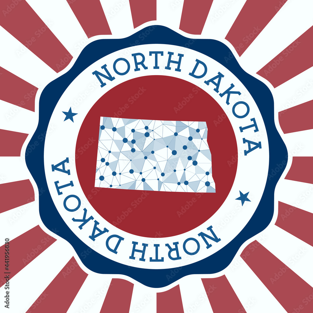 Poster north dakota badge. round logo of a u.s. state with a triangular mesh map and radial rays. eps10 vec