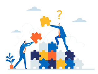 Business people working with puzzles, solving problems, find solution and unique approach. Business concept illustration  
