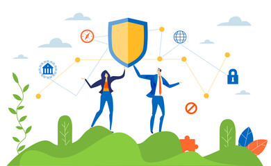 Business people are holding up shied, personal protection, online security. Business concept illustration   