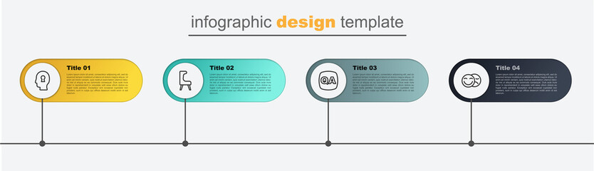 Set line Comedy and tragedy masks, Question Answer, Armchair and Solution to the problem. Business infographic template. Vector
