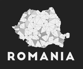Romania - communication network map of country. Romania trendy geometric design on dark background. Technology, internet, network, telecommunication concept. Vector illustration.