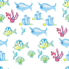 Seamless pattern watercolor by hand sea cute sea animals on a white background