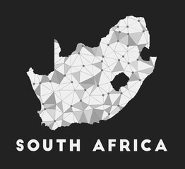 South Africa - communication network map of country. South Africa trendy geometric design on dark background. Technology, internet, network, telecommunication concept. Vector illustration.
