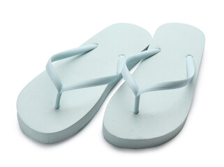 Stylish light blue flip flops on white background. Beach object