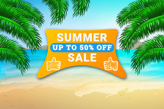 Summer sale horizontal banner background with Summer view of the beach. Sale 50% off discount. Template for discount, business, advertisement, promotion.Modern bright flyer.Stock vector illustration.