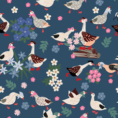 pattern with cartoon flock of geese and plants