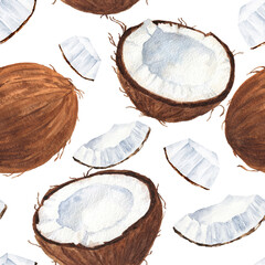 Watercolor coconut seamless pattern. Watercolour repeating background. - obrazy, fototapety, plakaty