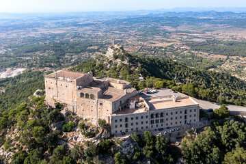 Fototapeta na wymiar Aerial view of Santuari de Sant Salvador monastery, Puig de Sant Salvador, near Felanitx, Migjorn region, aerial view, Mallorca, Balearic Islands, Spain