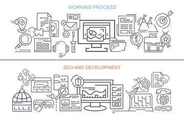 The working process. SEO and development. Linear banners set. Vector illustration.