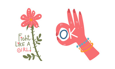 Girl Power Trendy Stickers with Flower and Ok Gesture Vector Set