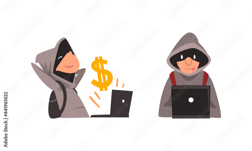 Poster man cybercriminal wearing black mask committing network and computer crime harming security and fina